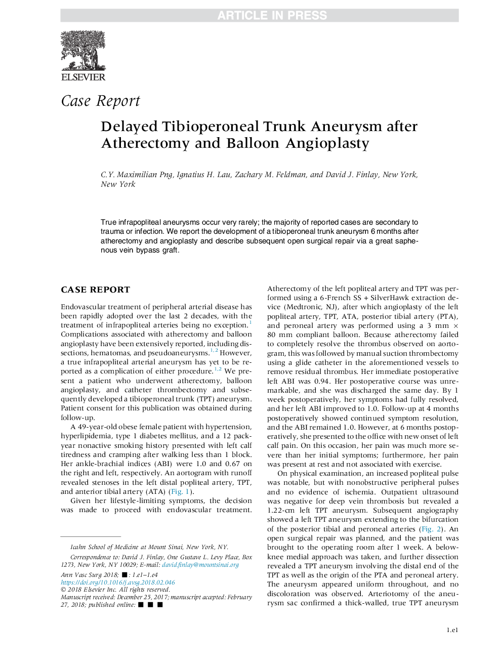 انعقاد تنه تیبوپرونال تاخیر پس از آنژیوپلاستی بالون و آتروکتومی