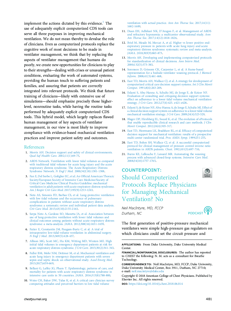 عکس صفحه اول مقاله: COUNTERPOINT: Should Computerized Protocols Replace Physicians for Managing Mechanical Ventilation? No COUNTERPOINT: Should Computerized Protocols Replace Physicians for Managing Mechanical Ventilation? No