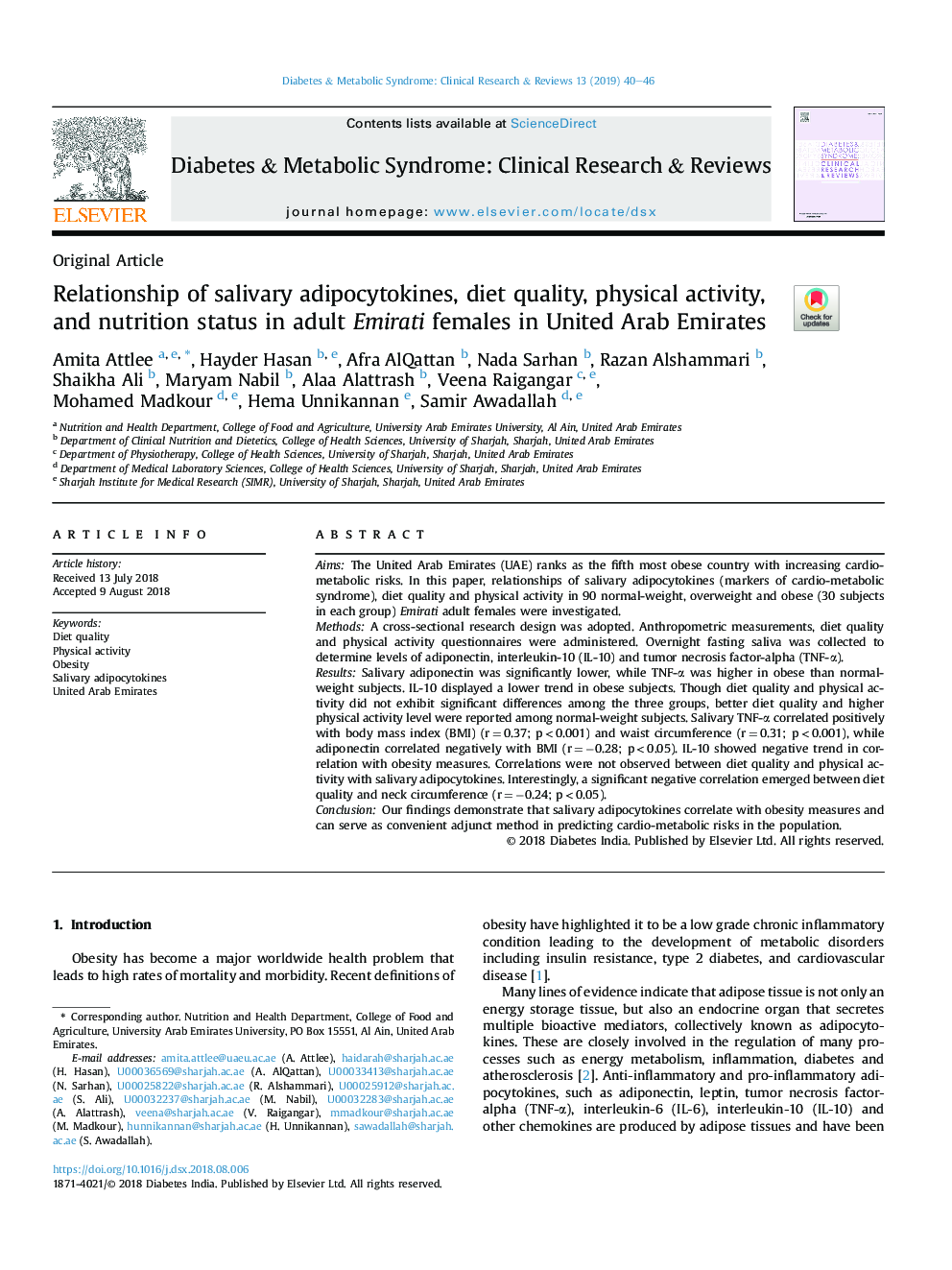 Relationship of salivary adipocytokines, diet quality, physical activity, and nutrition status in adult Emirati females in United Arab Emirates