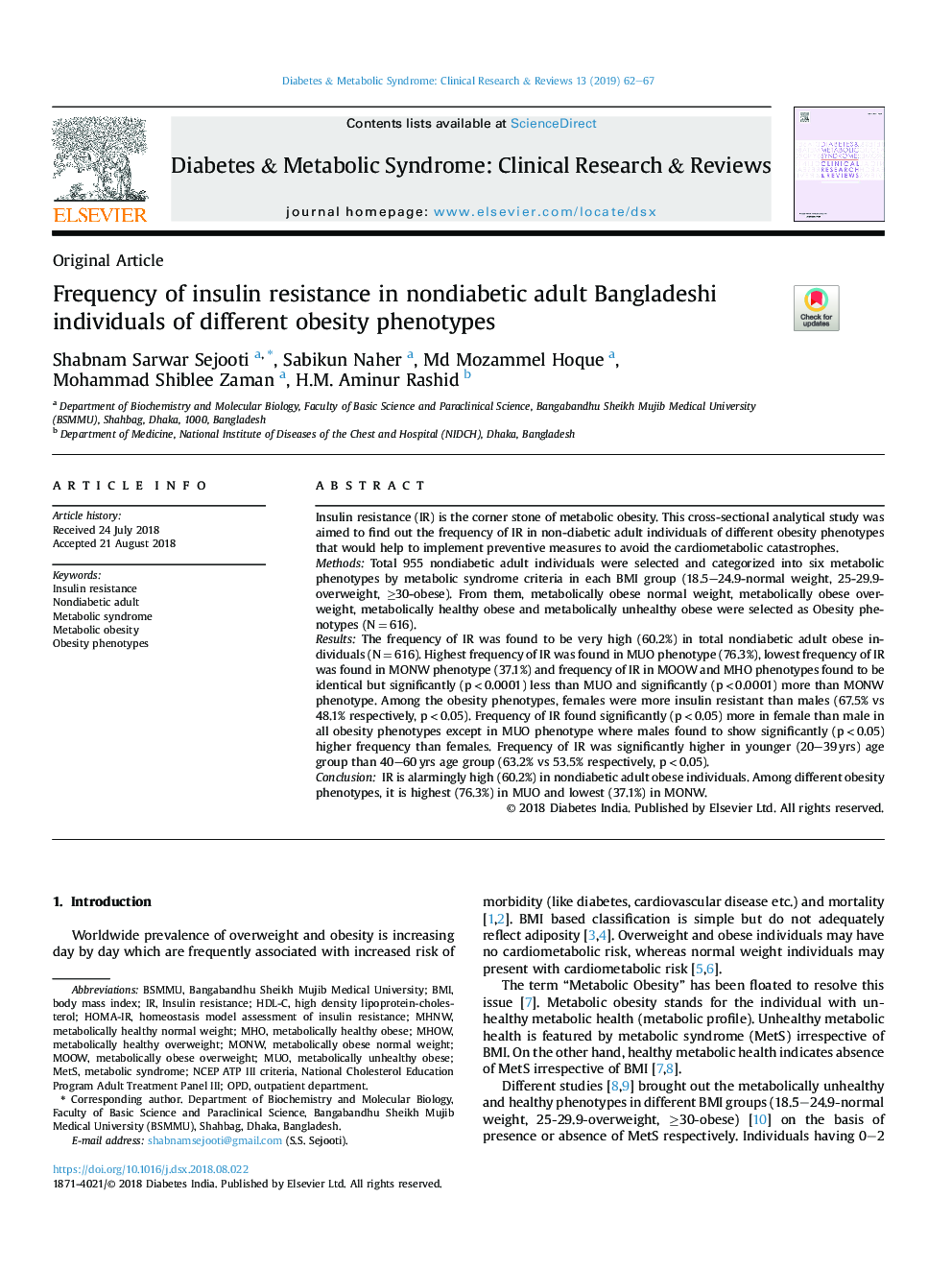 Frequency of insulin resistance in nondiabetic adult Bangladeshi individuals of different obesity phenotypes