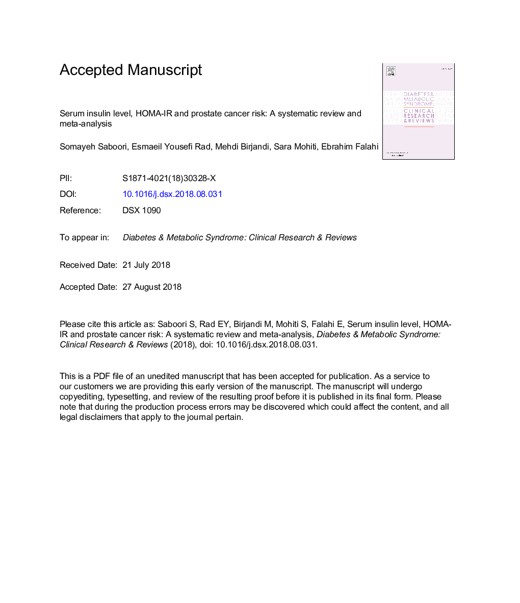 Serum insulin level, HOMA-IR and prostate cancer risk: A systematic review and meta-analysis