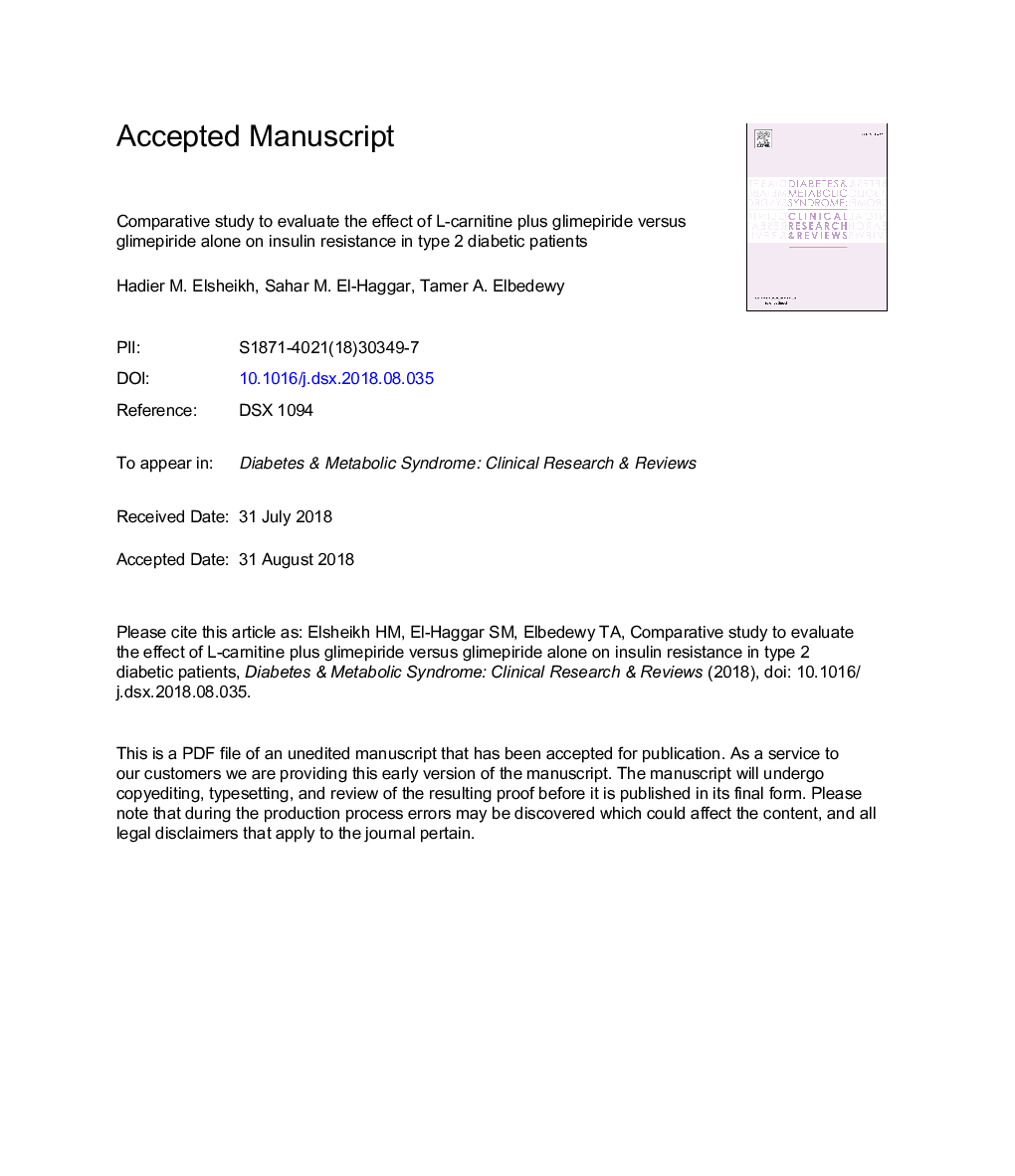 Comparative study to evaluate the effect of l-carnitine plus glimepiride versus glimepiride alone on insulin resistance in type 2 diabetic patients