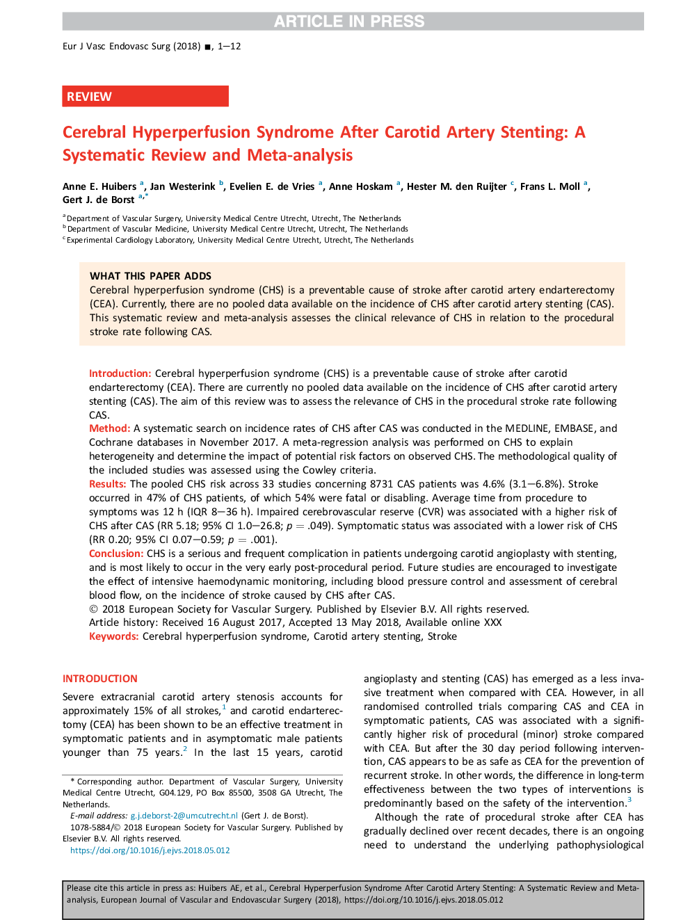 Editor's Choice - Cerebral Hyperperfusion Syndrome After Carotid Artery Stenting: A Systematic Review and Meta-analysis