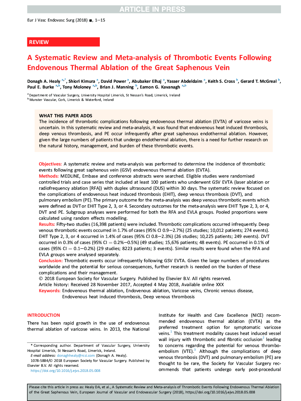 A Systematic Review and Meta-analysis of Thrombotic Events Following Endovenous Thermal Ablation of the Great Saphenous Vein