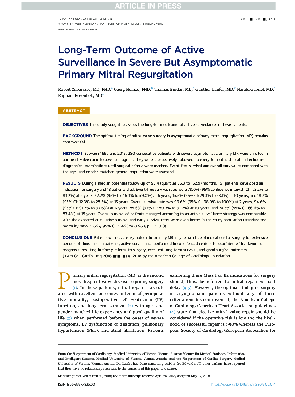 Long-Term Outcome of Active Surveillance in Severe But Asymptomatic Primary Mitral Regurgitation