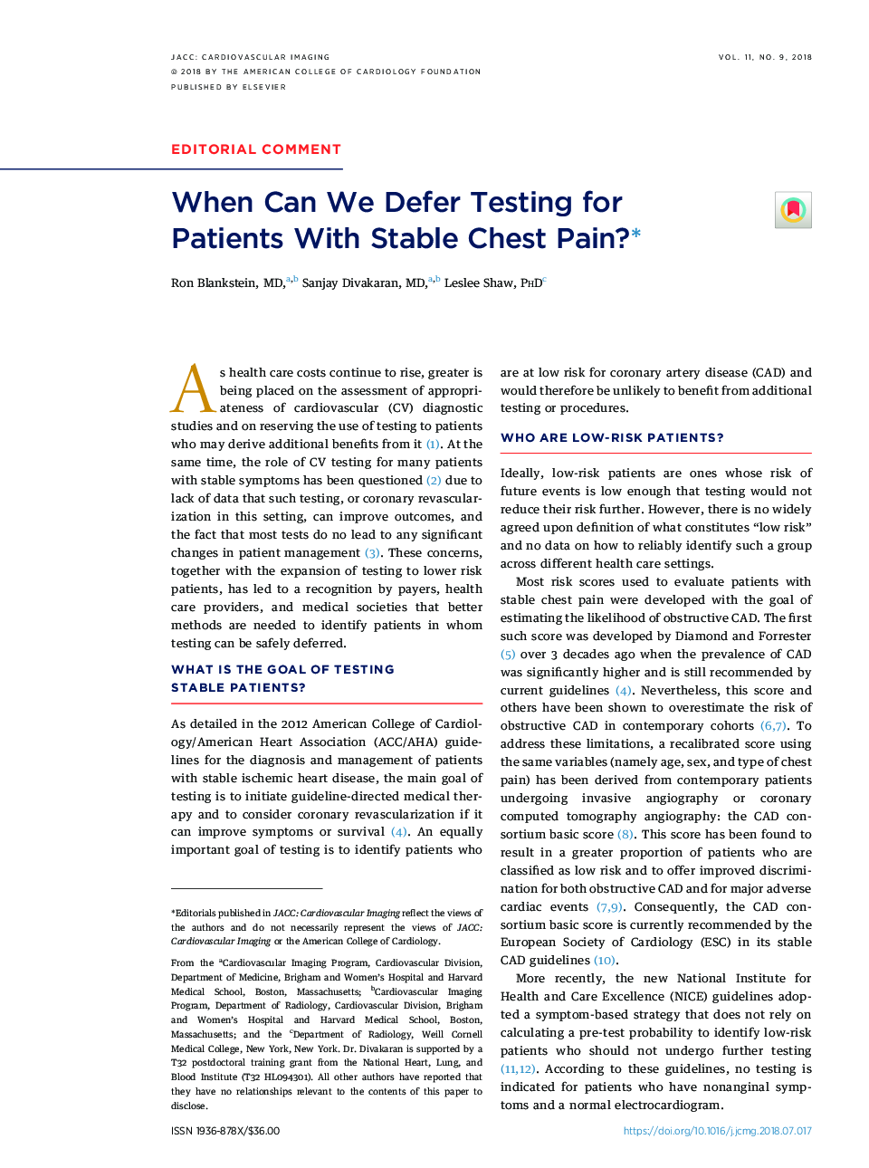 When Can We Defer Testing for Patients With Stable Chest Pain?â