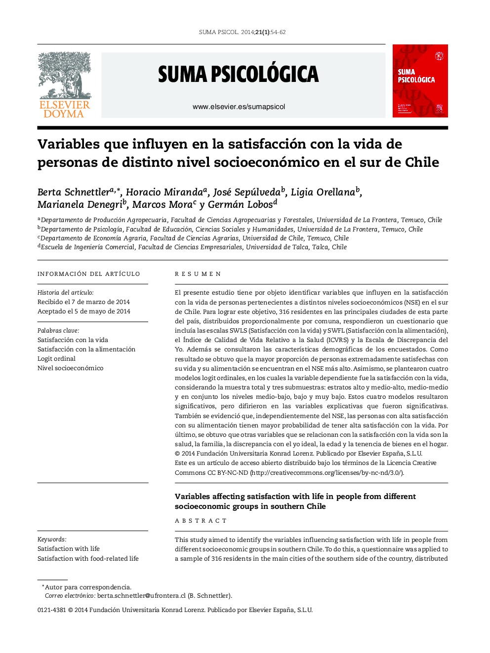 متغیرهایی که بر رضایت از زندگی افراد در سطح اجتماعی و اقتصادی مختلف در جنوب شیلی تاثیر می گذارد 