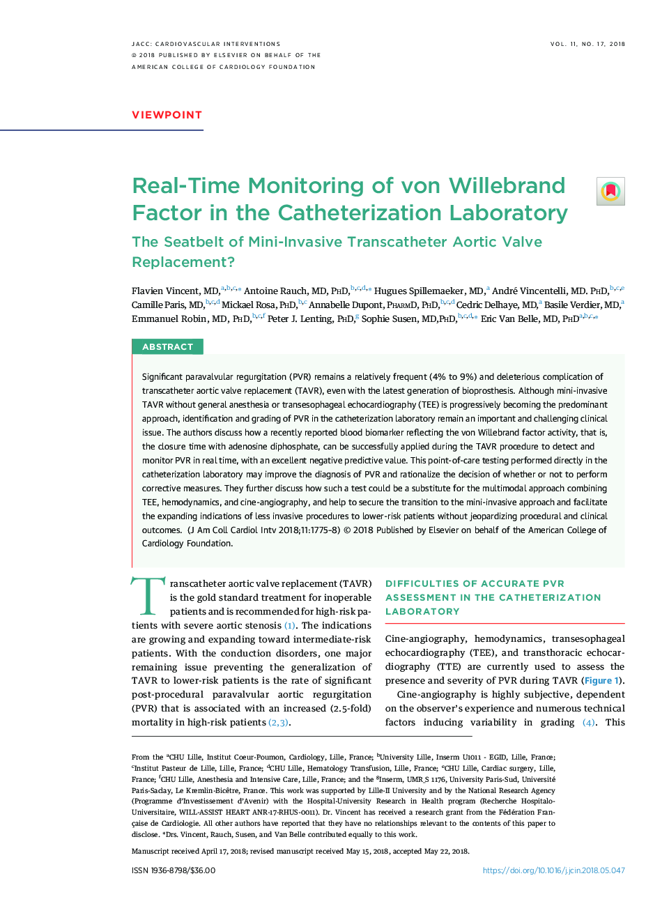 Real-Time Monitoring of von Willebrand Factor in the Catheterization Laboratory