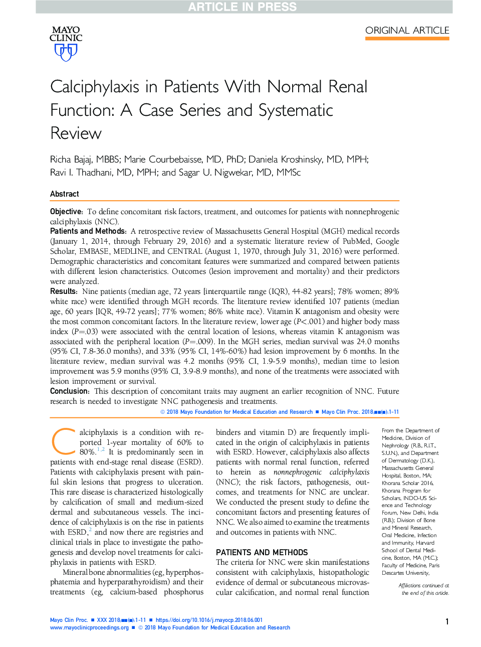 کلسیفیکاسیون در بیماران مبتلا به عملکرد کلیه طبیعی: یک سری موارد و بررسی سیستماتیک