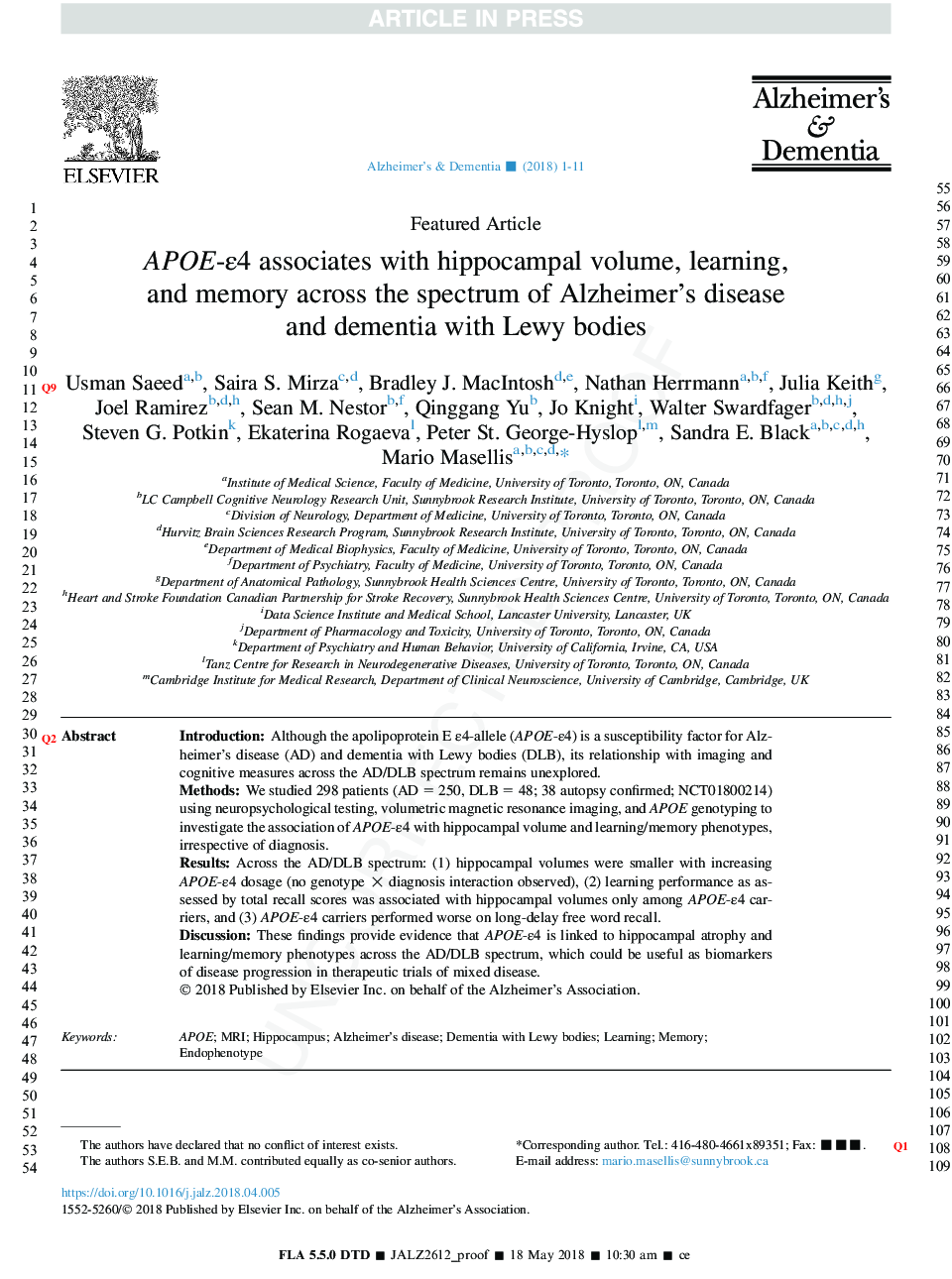 APOE-Îµ4 associates with hippocampal volume, learning, and memory across the spectrum of Alzheimer's disease and dementia with Lewy bodies