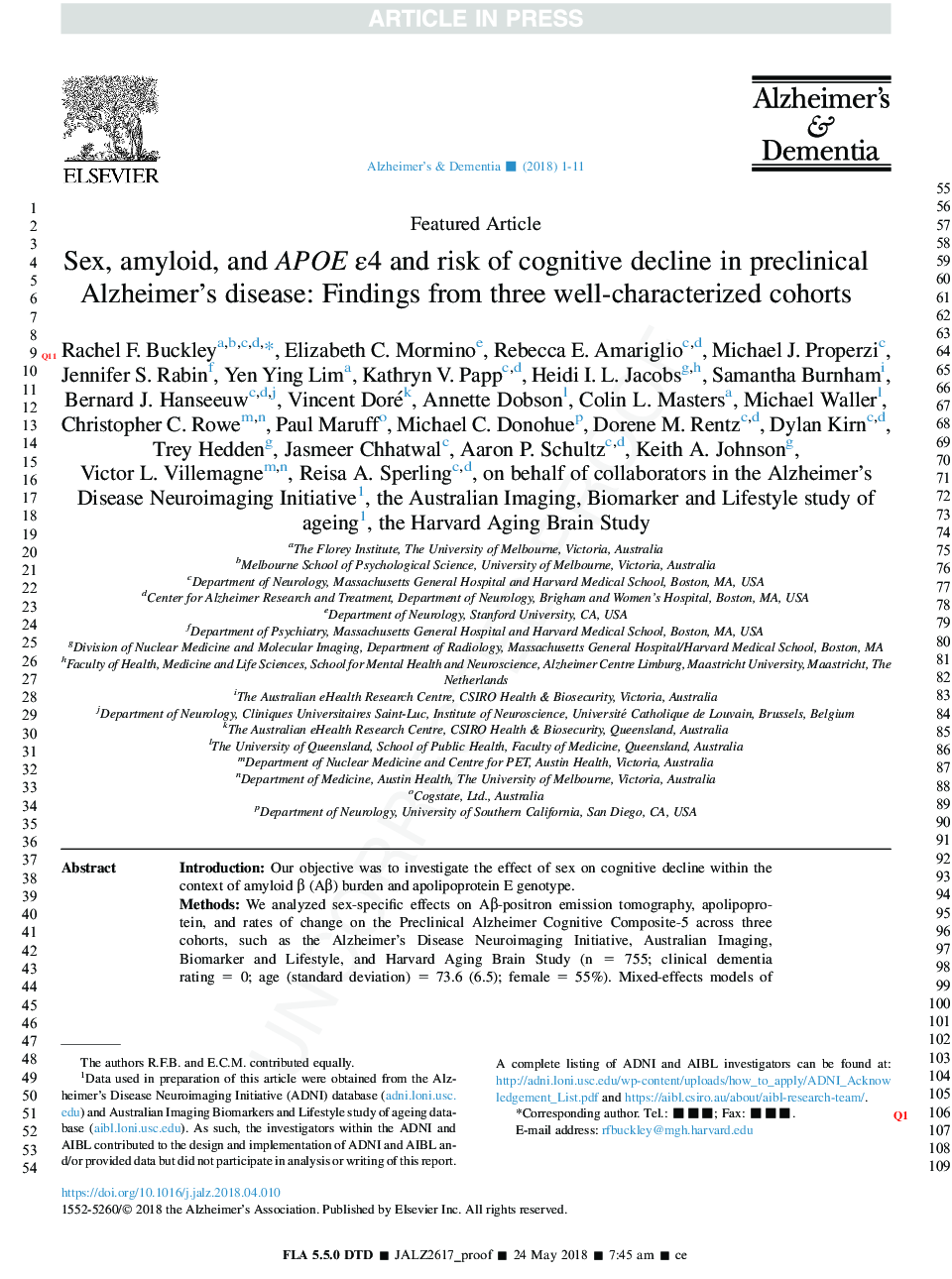 Sex, amyloid, and APOE Îµ4 and risk of cognitive decline in preclinical Alzheimer's disease: Findings from three well-characterized cohorts