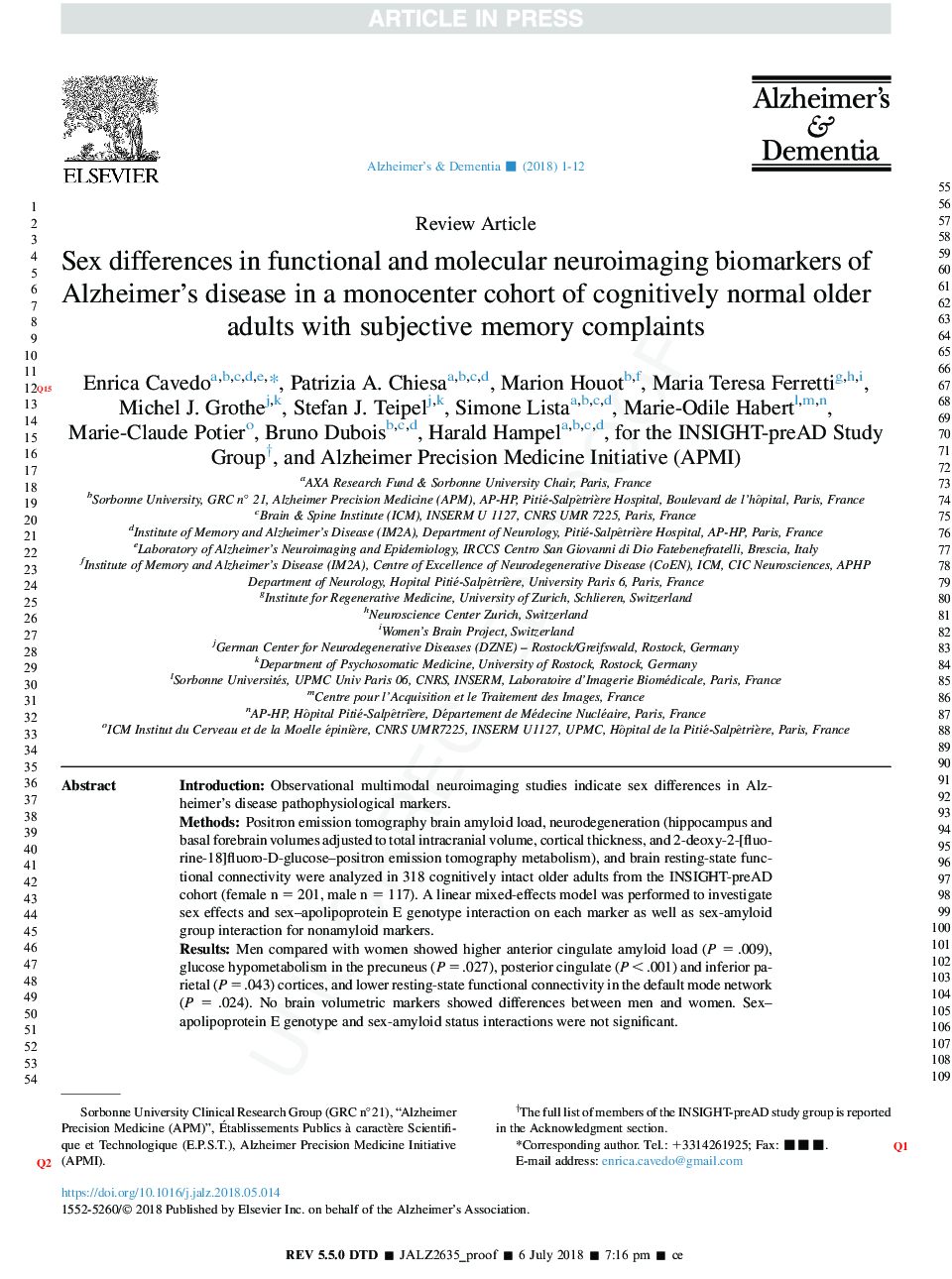 Sex differences in functional and molecular neuroimaging biomarkers of Alzheimer's disease in cognitively normal older adults with subjective memory complaints