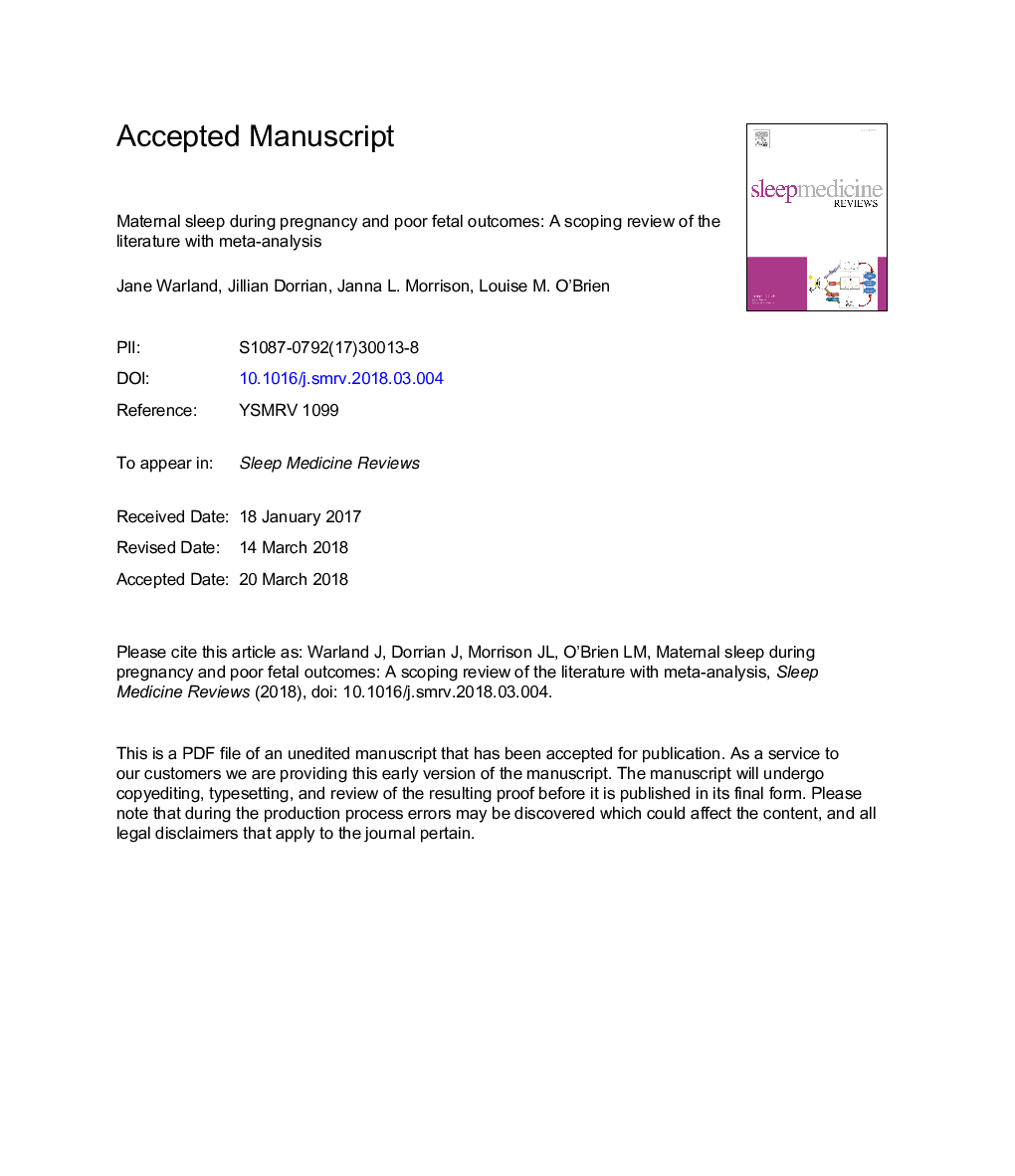 Maternal sleep during pregnancy and poor fetal outcomes: A scoping review of the literature with meta-analysis