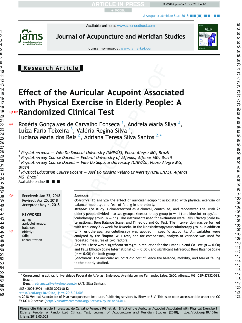 Effect of the Auricular Acupoint Associated with Physical Exercise in Elderly People: A Randomized Clinical Test