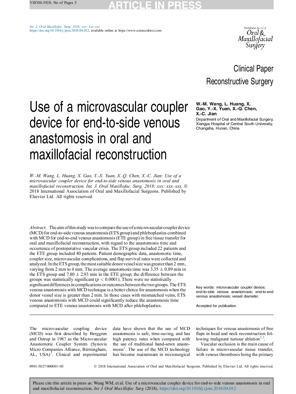 استفاده از یک دستگاه جفتکننده میکروسکوپیک برای آناستوموز وریدی در انتهای بخش در بازسازی دهان و فک و صورت