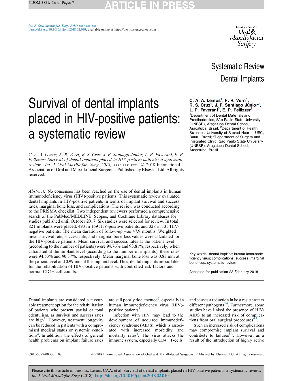 Survival of dental implants placed in HIV-positive patients: a systematic review