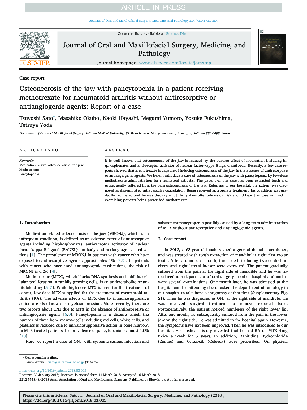 Osteonecrosis of the jaw with pancytopenia in a patient receiving methotrexate for rheumatoid arthritis without antiresorptive or antiangiogenic agents: Report of a case