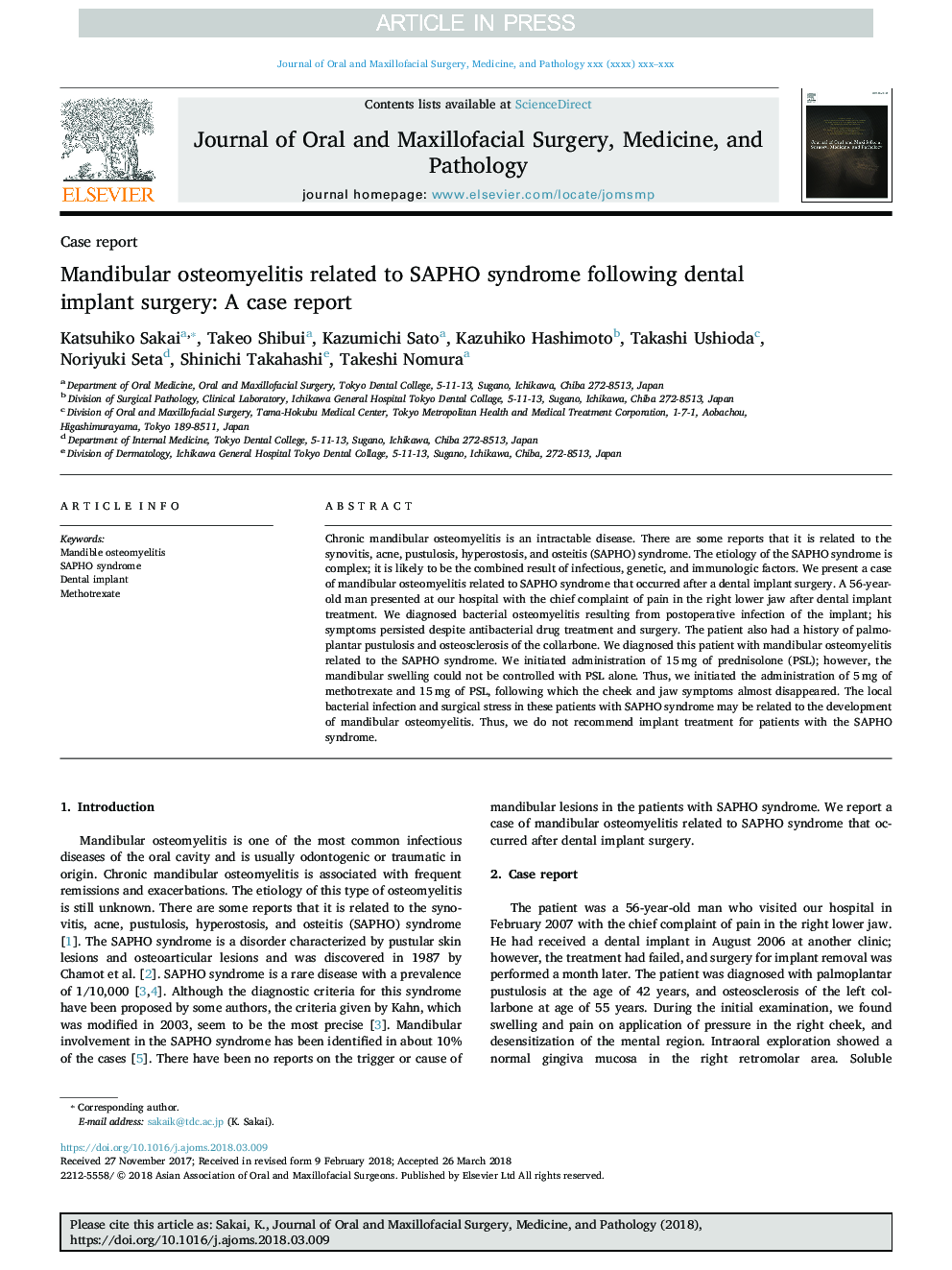 Mandibular osteomyelitis related to SAPHO syndrome following dental implant surgery: A case report