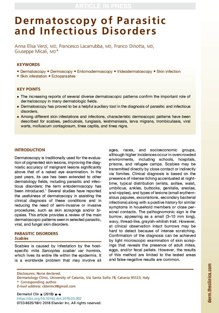 Dermatoscopy of Parasitic and Infectious Disorders