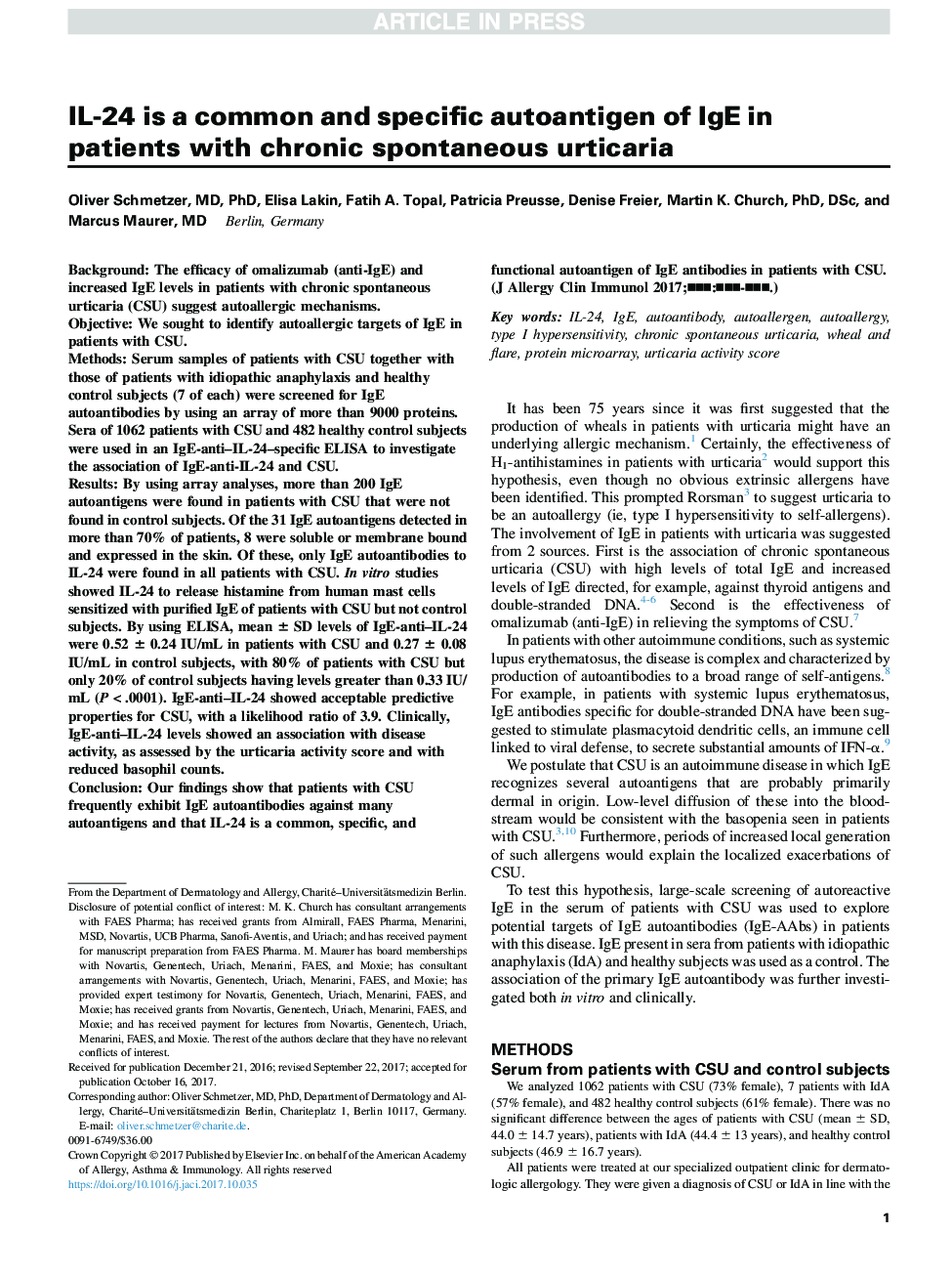 IL-24 is a common and specific autoantigen of IgE in patients with chronic spontaneous urticaria