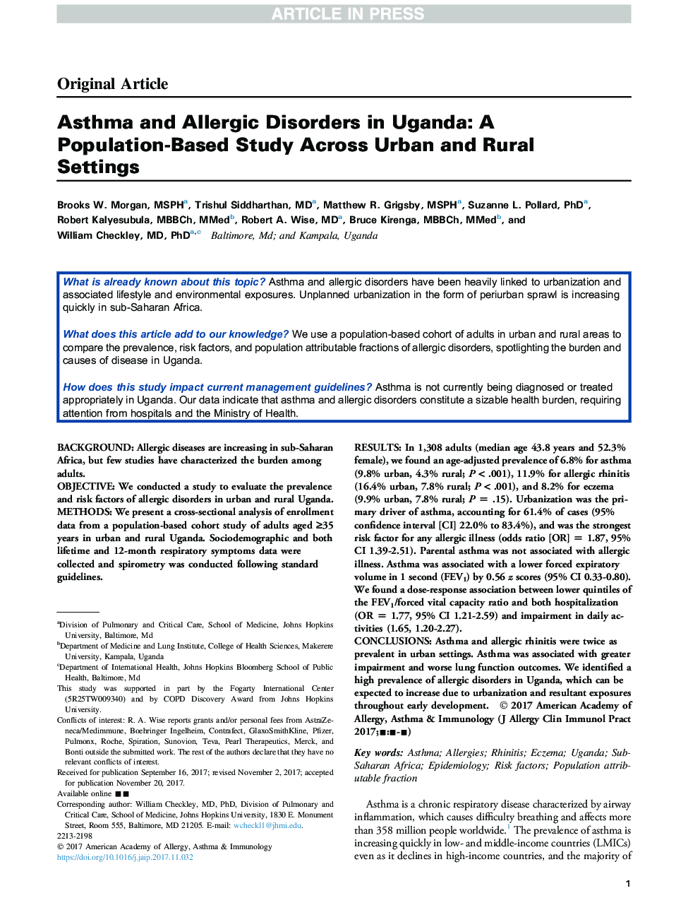 Asthma and Allergic Disorders in Uganda: A Population-Based Study Across Urban and Rural Settings