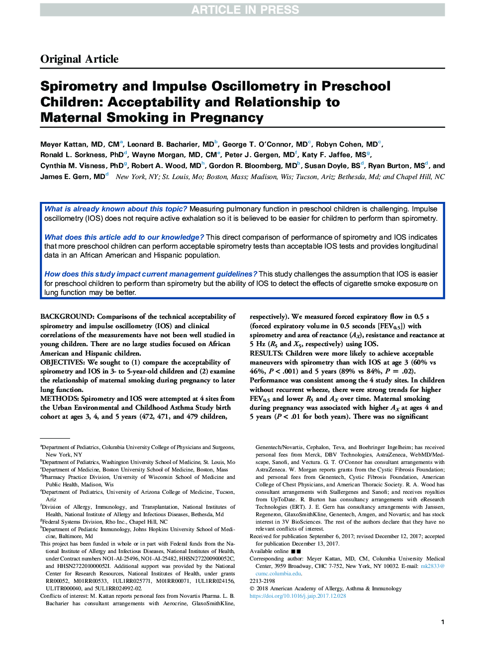 Spirometry and Impulse Oscillometry in Preschool Children: Acceptability and Relationship to Maternal Smoking in Pregnancy