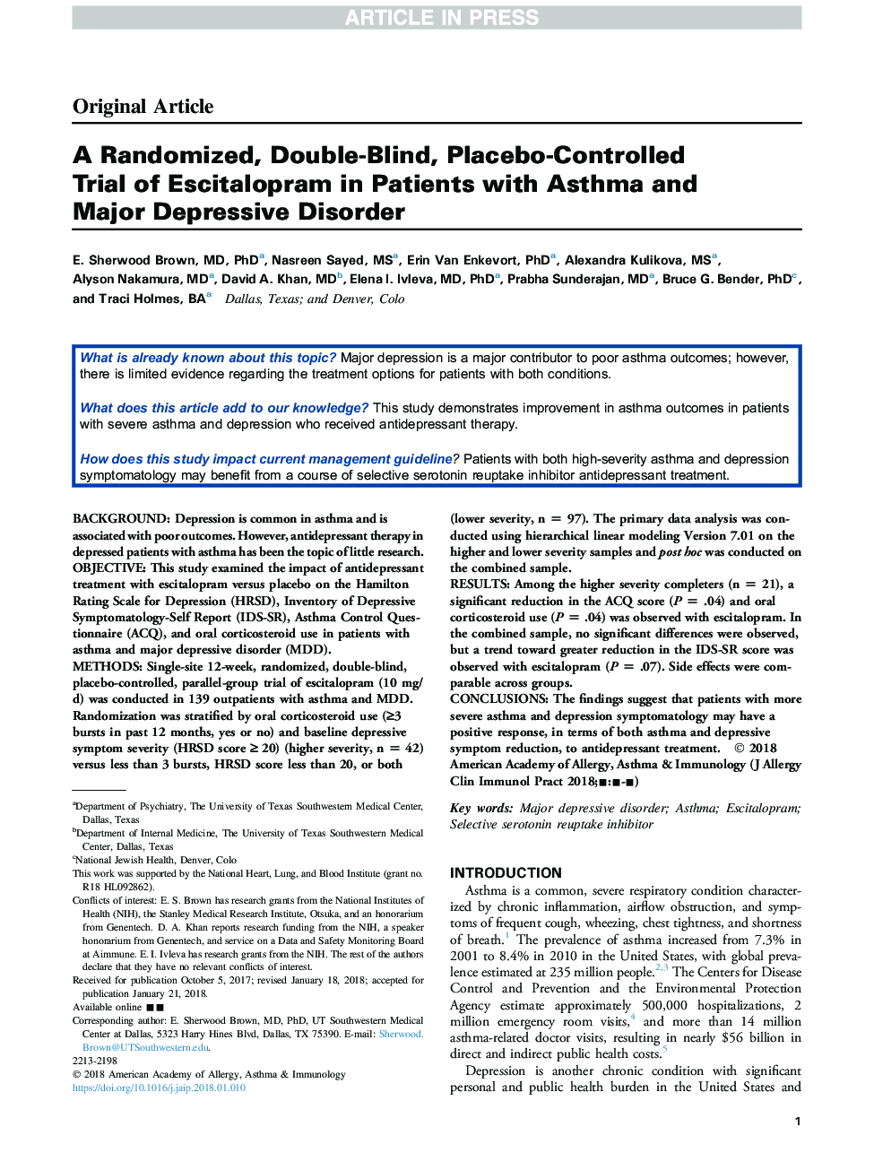 A Randomized, Double-Blind, Placebo-Controlled Trial of Escitalopram in Patients with Asthma and Major Depressive Disorder