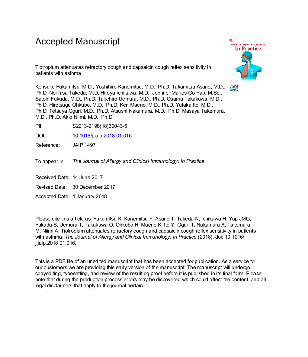 Tiotropium Attenuates Refractory Cough and Capsaicin Cough Reflex Sensitivity in Patients withÂ Asthma