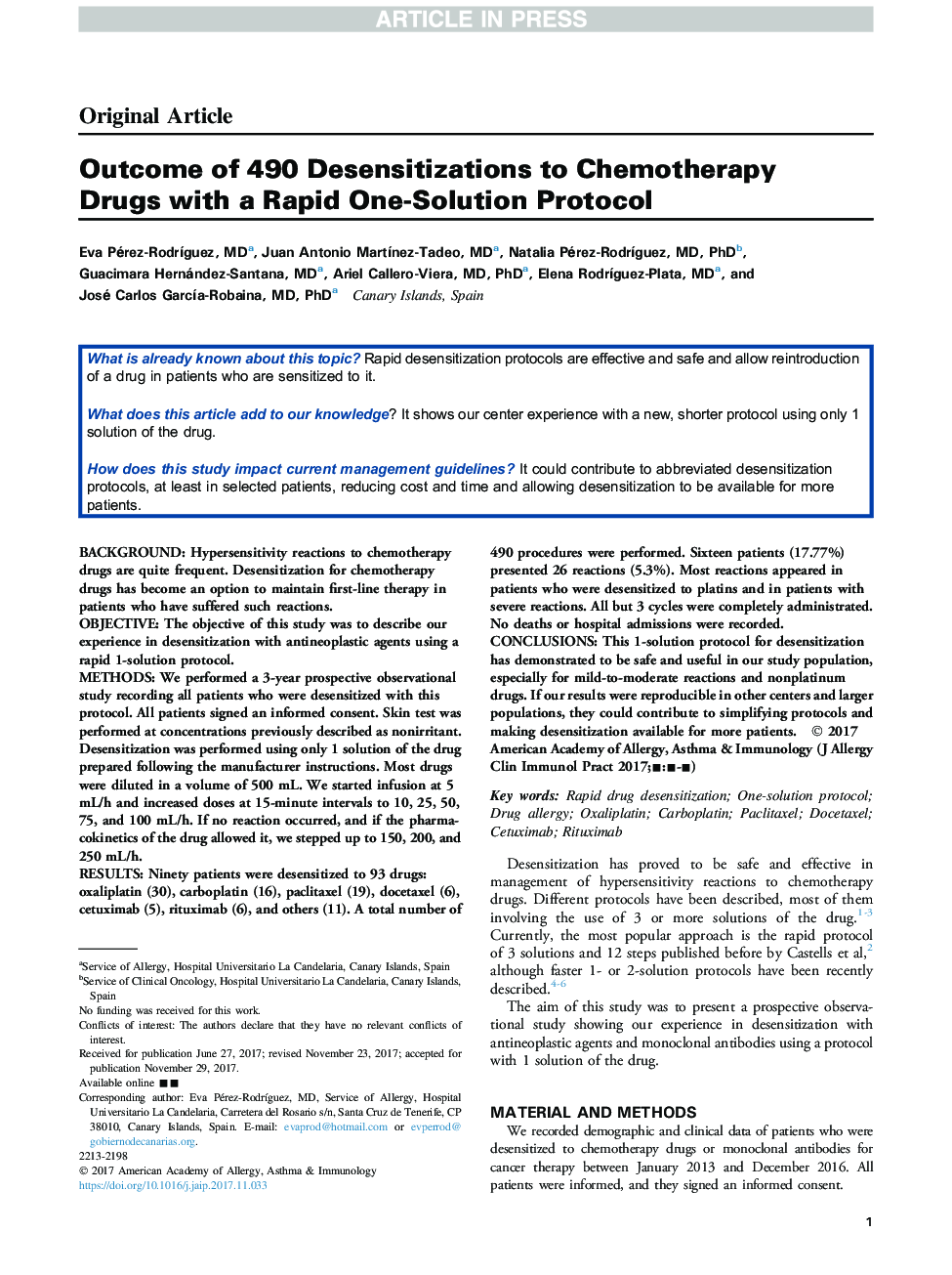 Outcome of 490 Desensitizations to Chemotherapy Drugs with a Rapid One-Solution Protocol