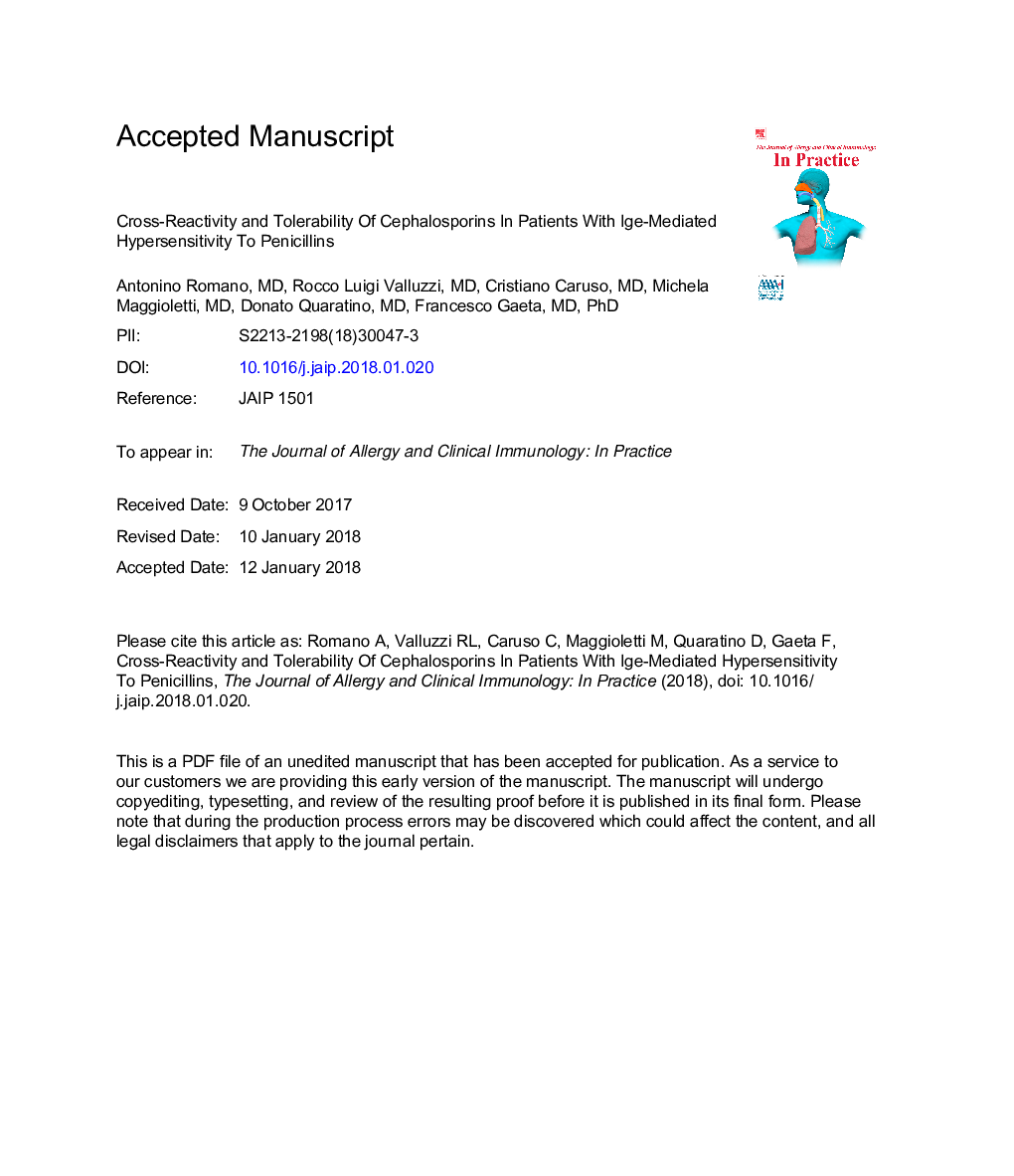 Cross-Reactivity and Tolerability of Cephalosporins in Patients with IgE-Mediated Hypersensitivity to Penicillins