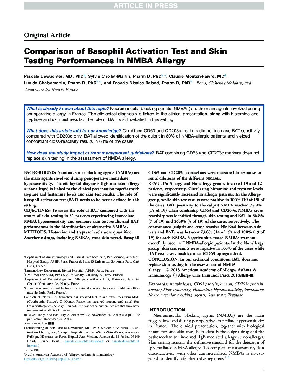 Comparison of Basophil Activation Test and Skin Testing Performances in NMBA Allergy