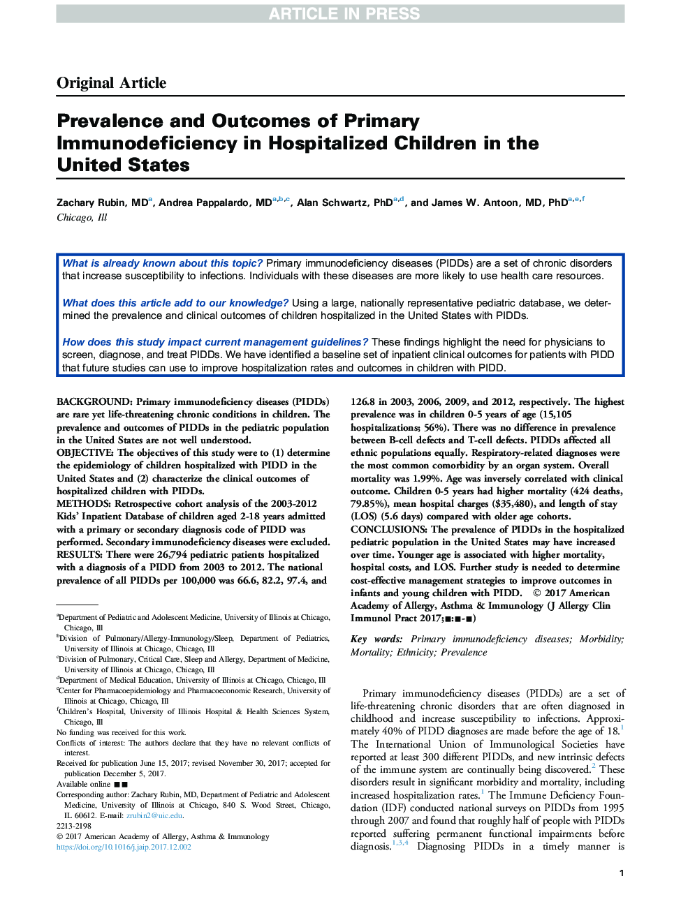 Prevalence and Outcomes of Primary Immunodeficiency in Hospitalized Children in the United States