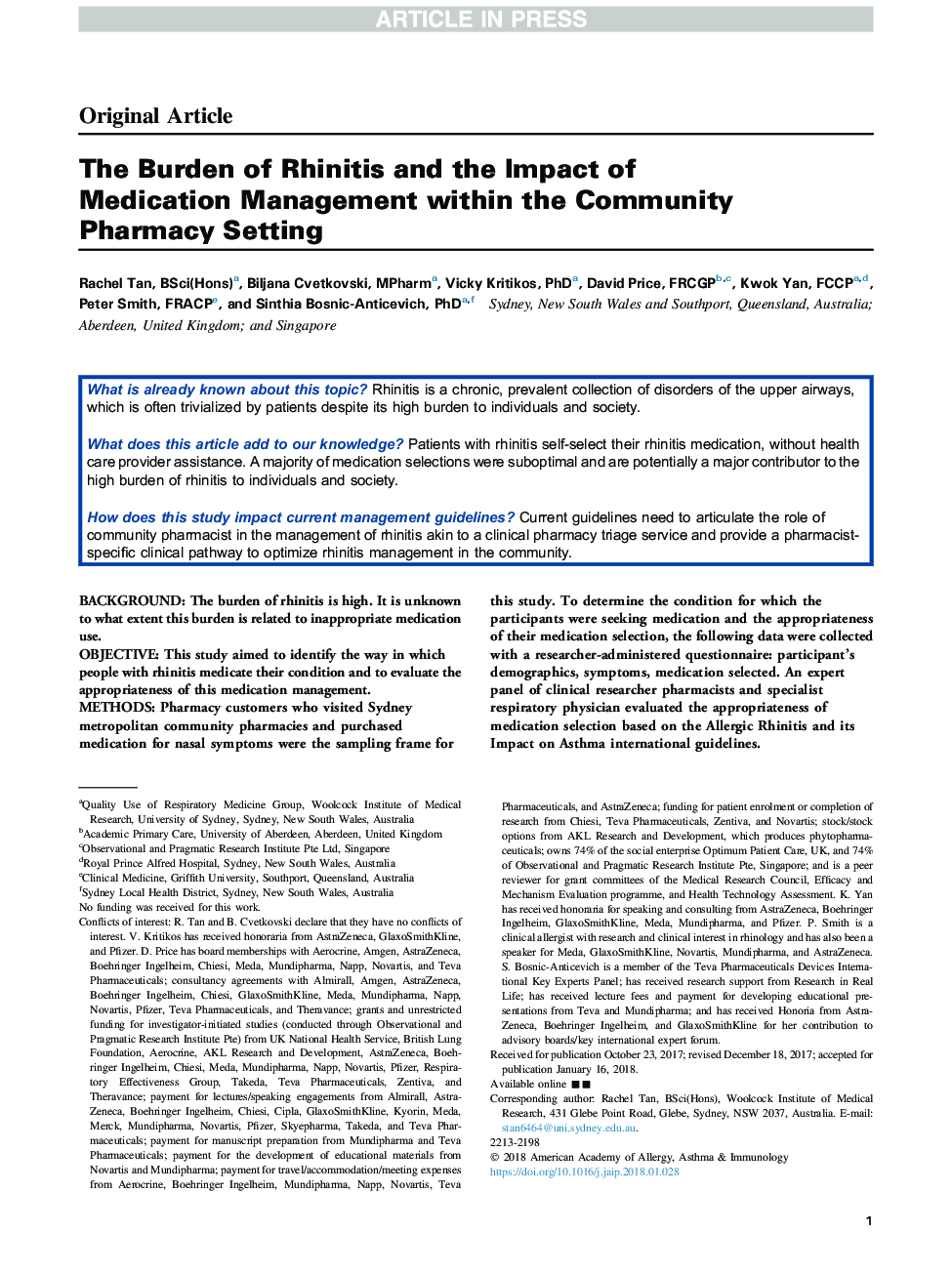 The Burden of Rhinitis and the Impact of Medication Management within the Community Pharmacy Setting