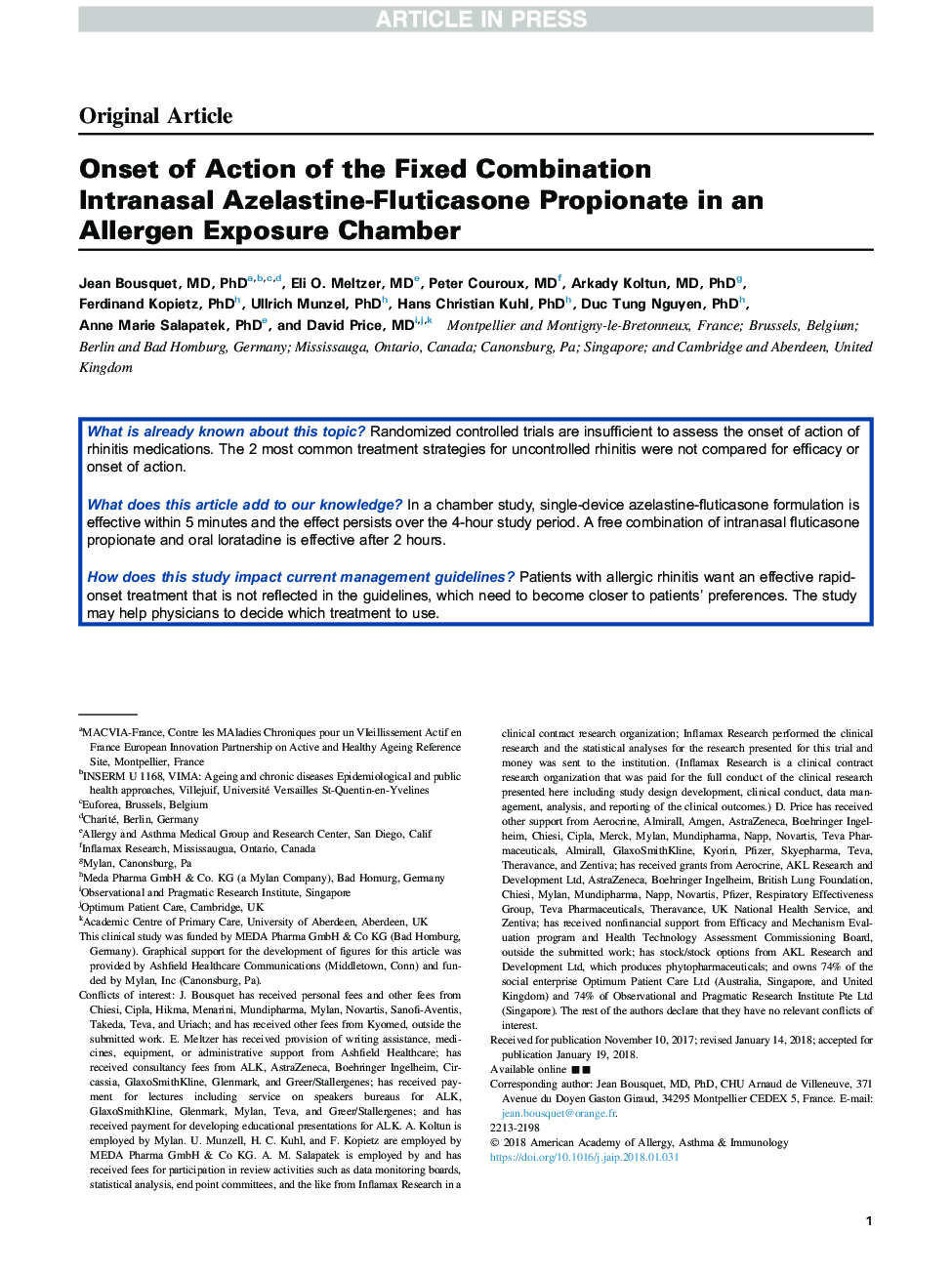Onset of Action of the Fixed Combination Intranasal Azelastine-Fluticasone Propionate in an Allergen Exposure Chamber