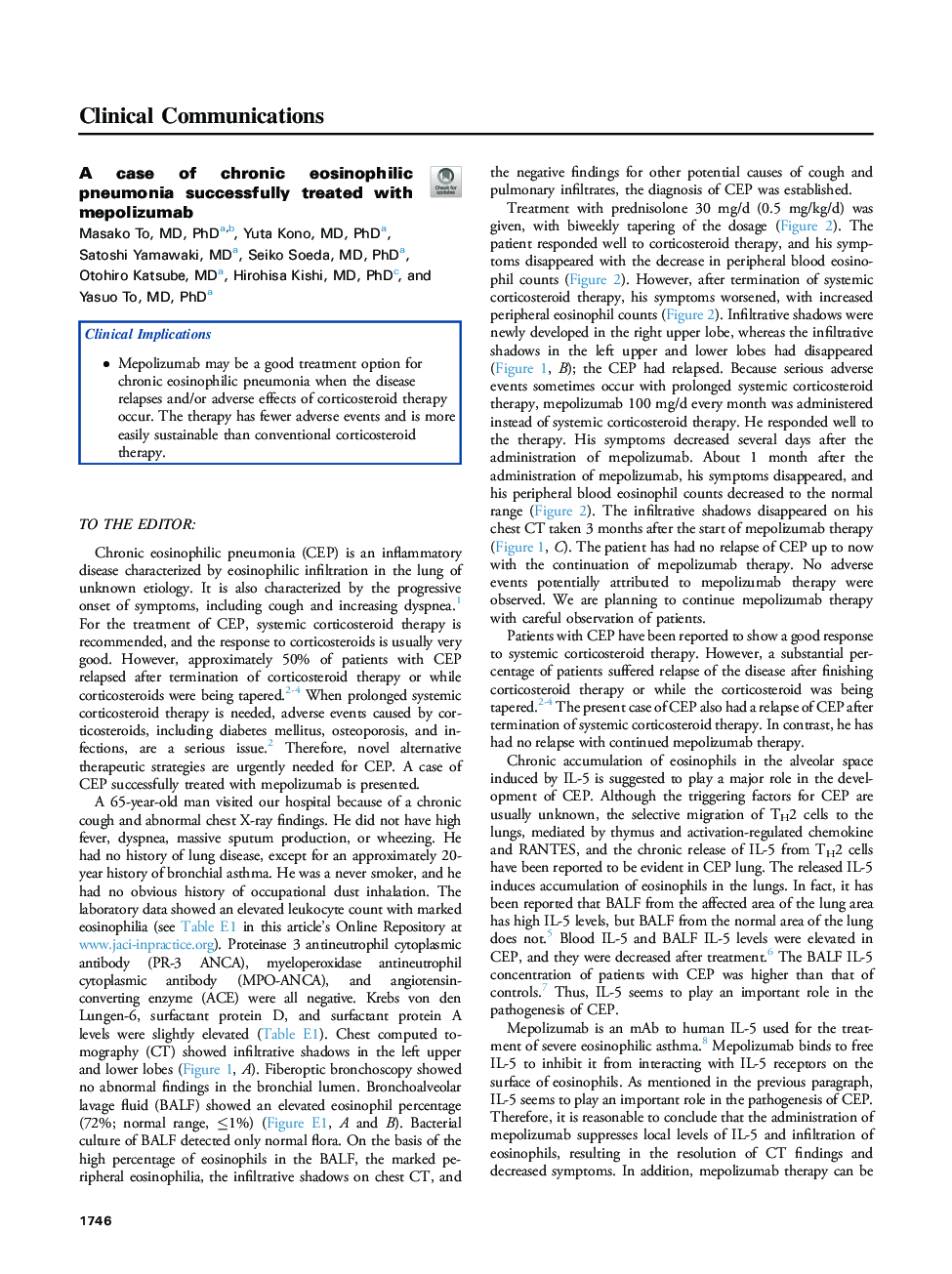 A case of chronic eosinophilic pneumonia successfully treated with mepolizumab