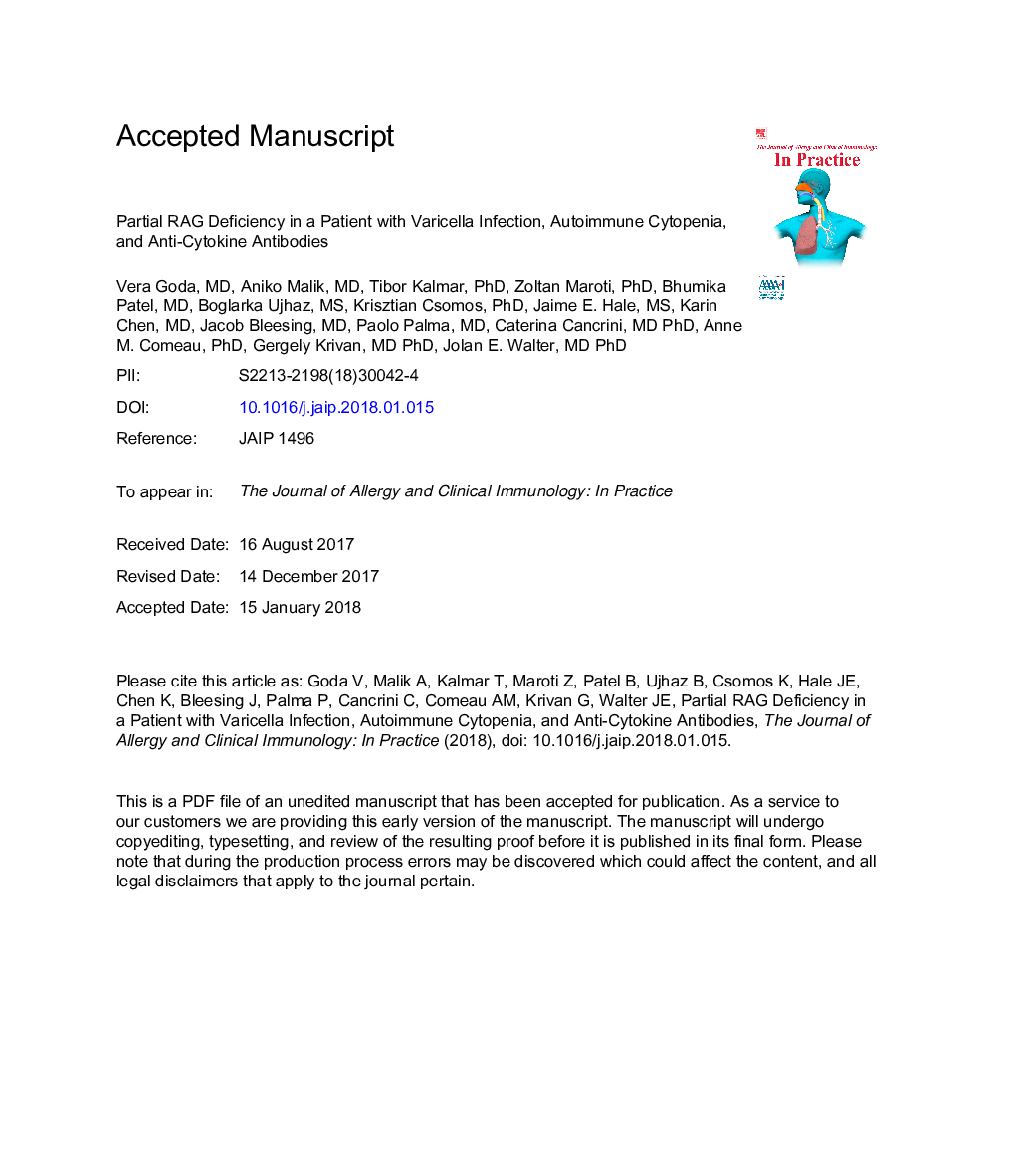 Partial RAG deficiency in a patient withÂ varicella infection, autoimmune cytopenia, and anticytokine antibodies