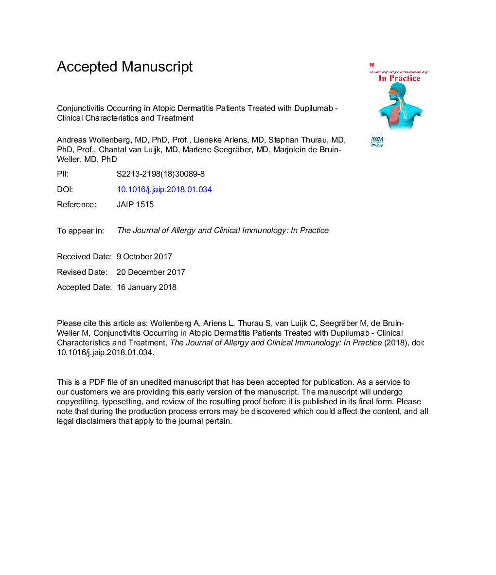 Conjunctivitis occurring in atopic dermatitis patients treated with dupilumab-clinical characteristics and treatment