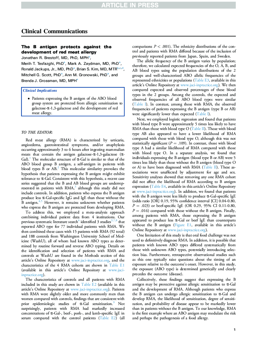 The B antigen protects against the development of red meat allergy