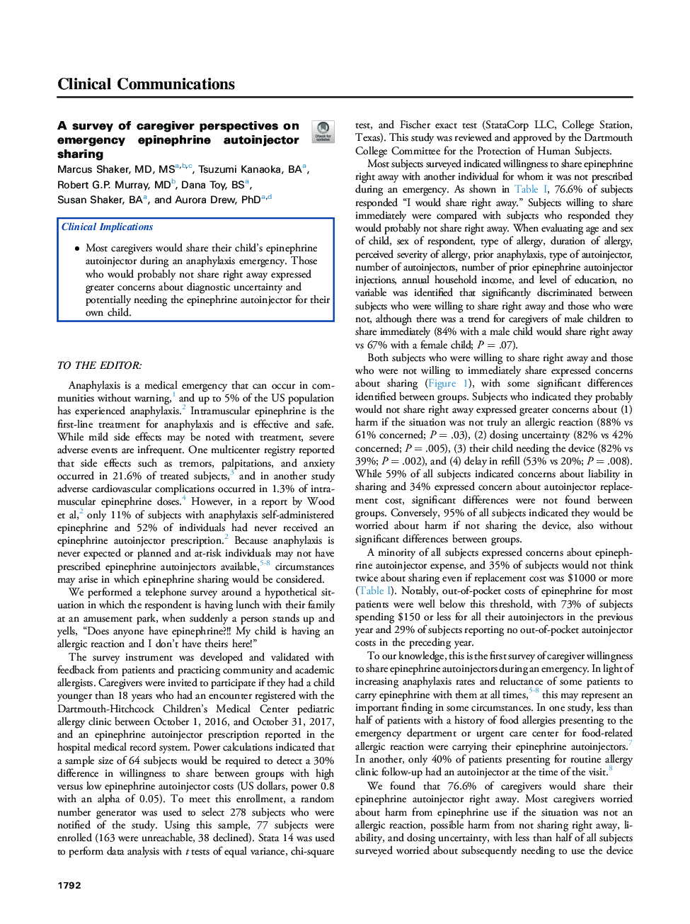 A survey of caregiver perspectives on emergency epinephrine autoinjector sharing