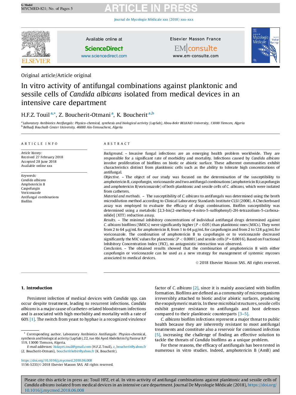 In vitro activity of antifungal combinations against planktonic and sessile cells of Candida albicans isolated from medical devices in an intensive care department