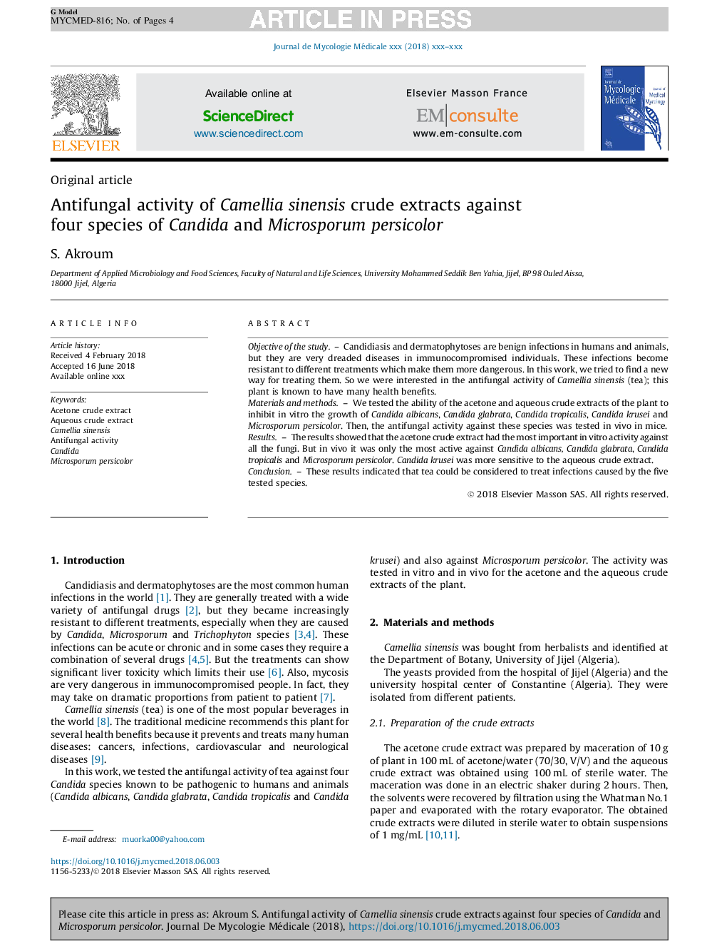 Antifungal activity of Camellia sinensis crude extracts against four species of Candida and Microsporum persicolor