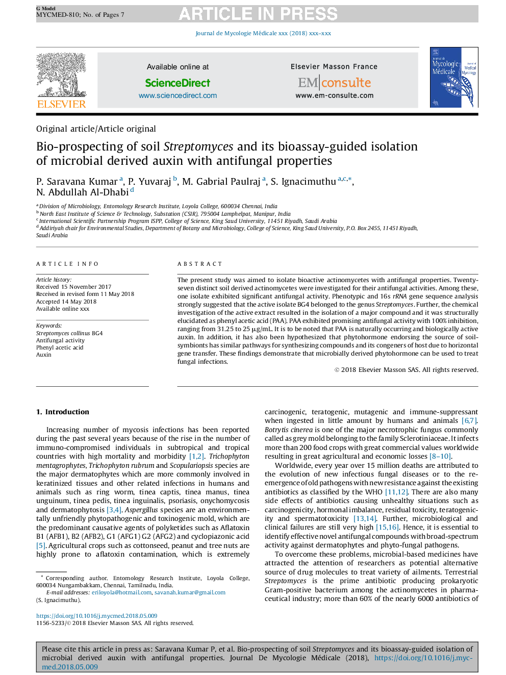 Bio-prospecting of soil Streptomyces and its bioassay-guided isolation of microbial derived auxin with antifungal properties