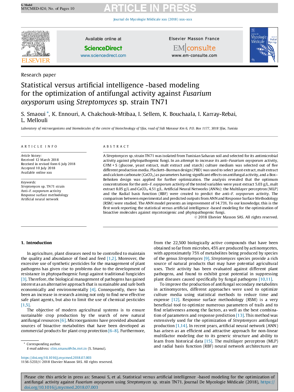 Statistical versus artificial intelligence -based modeling for the optimization of antifungal activity against Fusarium oxysporum using Streptomyces sp. strain TN71