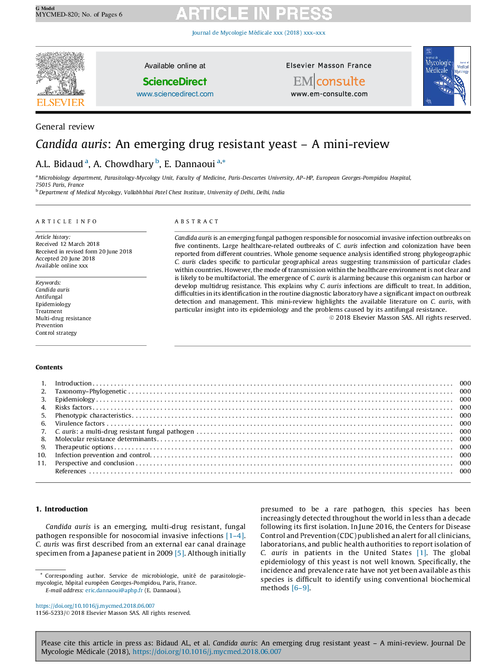 Candida auris: An emerging drug resistant yeastÂ -Â A mini-review