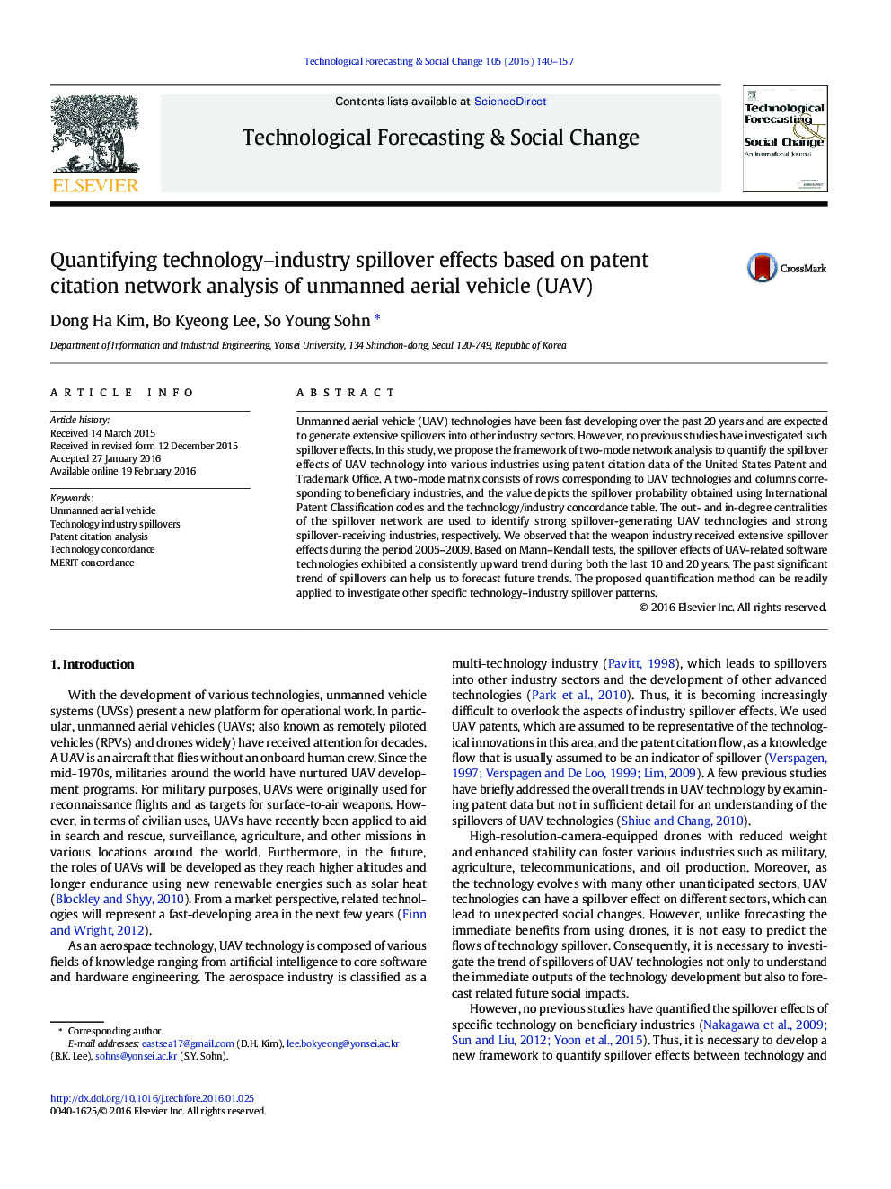 Quantifying technology–industry spillover effects based on patent citation network analysis of unmanned aerial vehicle (UAV)