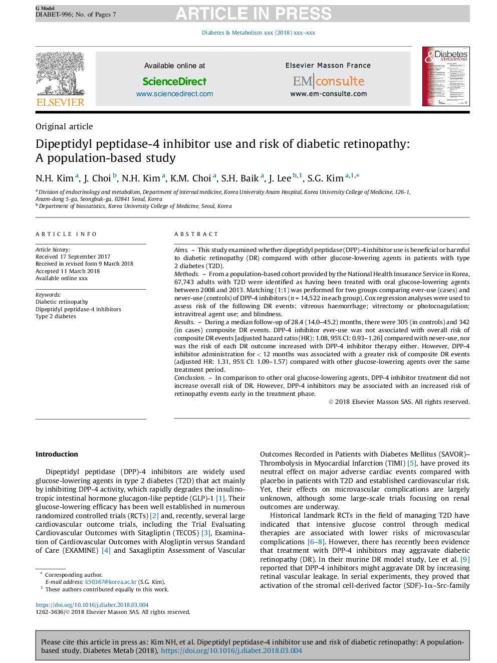 Dipeptidyl peptidase-4 inhibitor use and risk of diabetic retinopathy: A population-based study