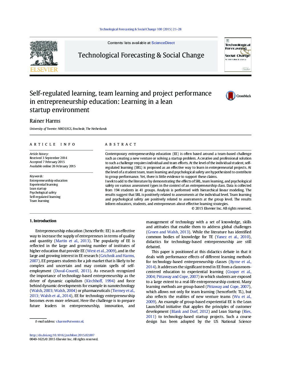 Self-regulated learning, team learning and project performance in entrepreneurship education: Learning in a lean startup environment