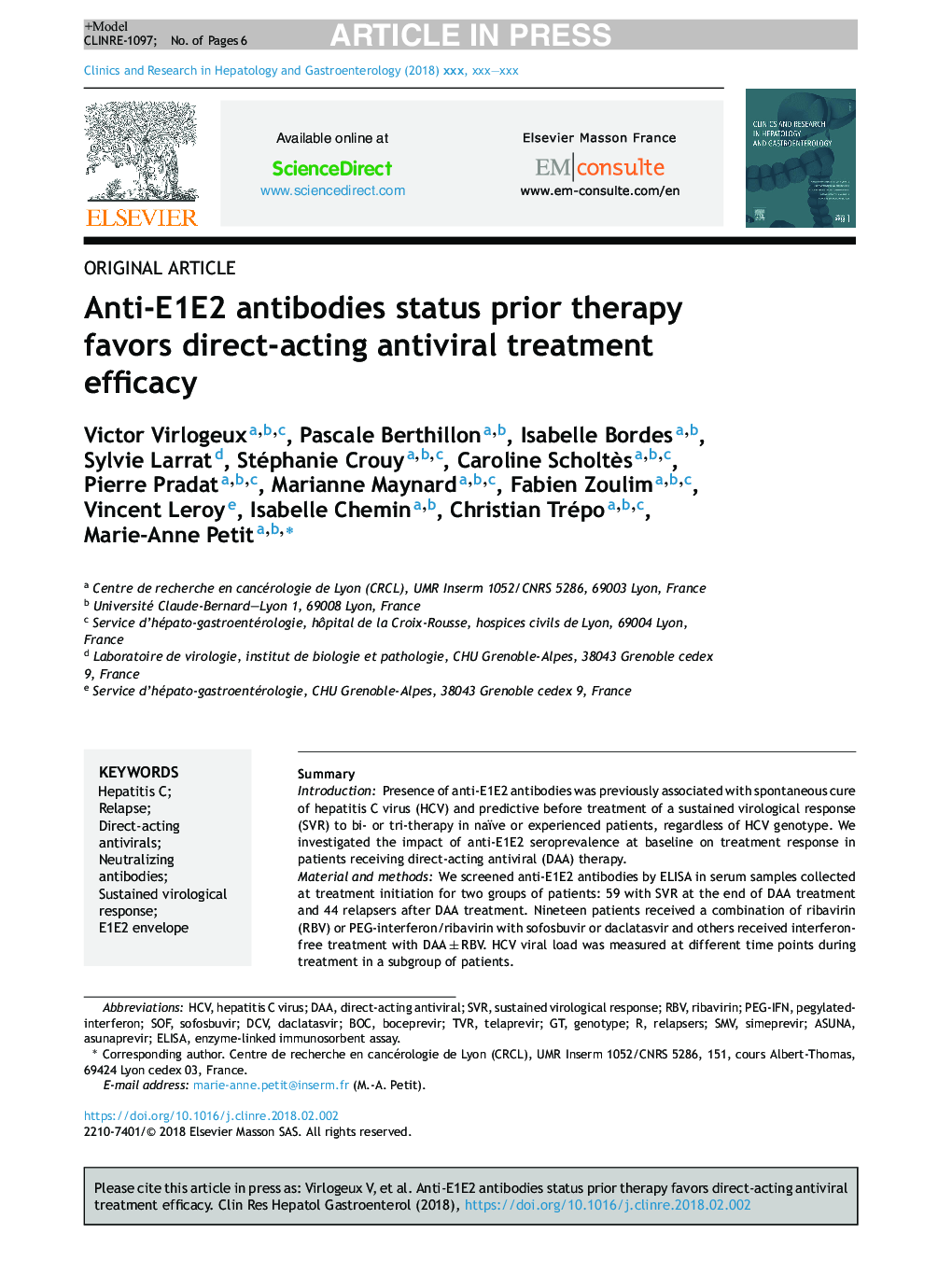 Anti-E1E2 antibodies status prior therapy favors direct-acting antiviral treatment efficacy
