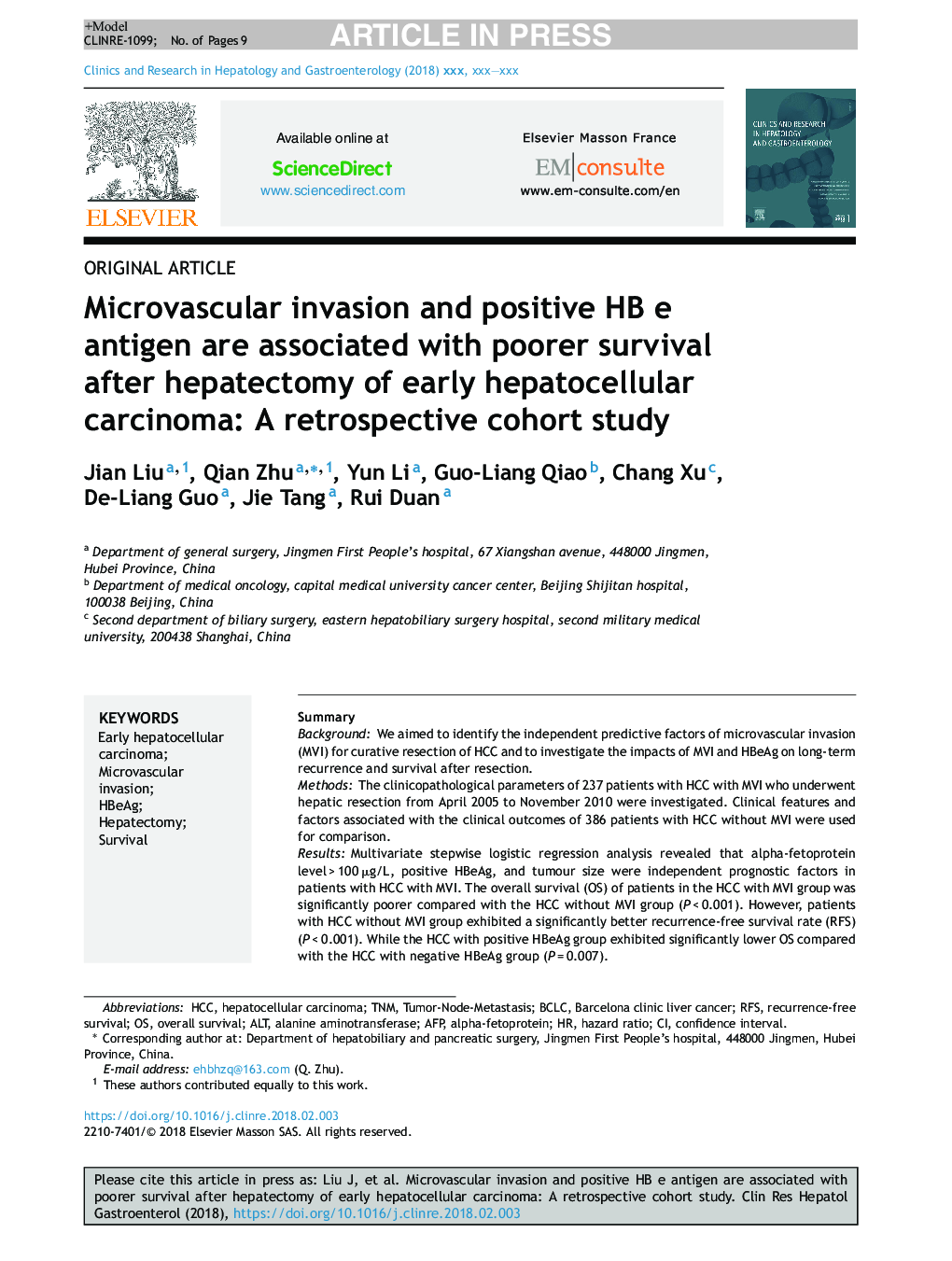 Microvascular invasion and positive HB e antigen are associated with poorer survival after hepatectomy of early hepatocellular carcinoma: A retrospective cohort study