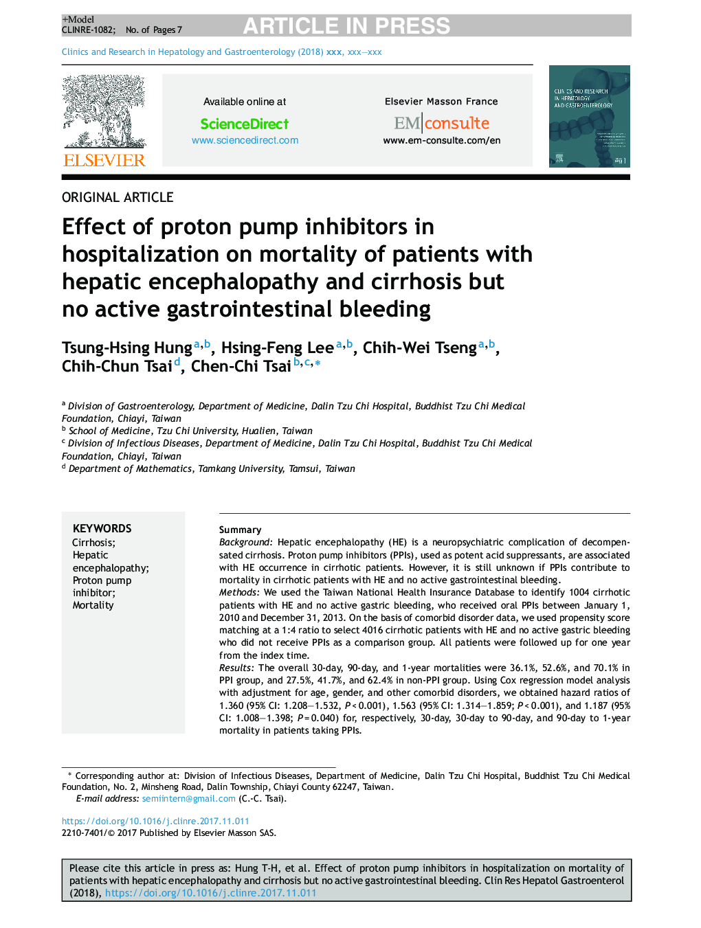 Effect of proton pump inhibitors in hospitalization on mortality of patients with hepatic encephalopathy and cirrhosis but no active gastrointestinal bleeding